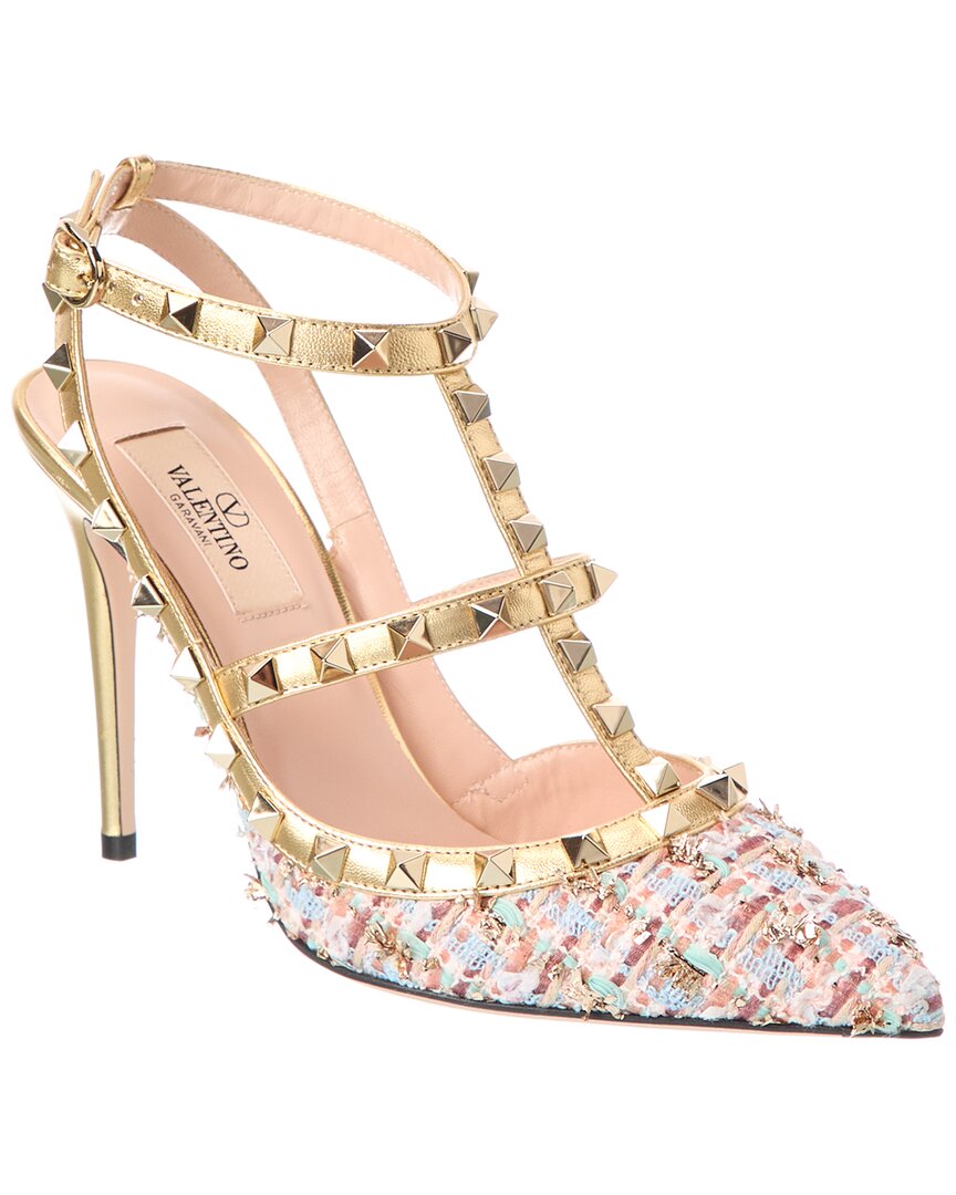 Valentino Rockstud Caged 100 Tweed & Leather Pump In Blue