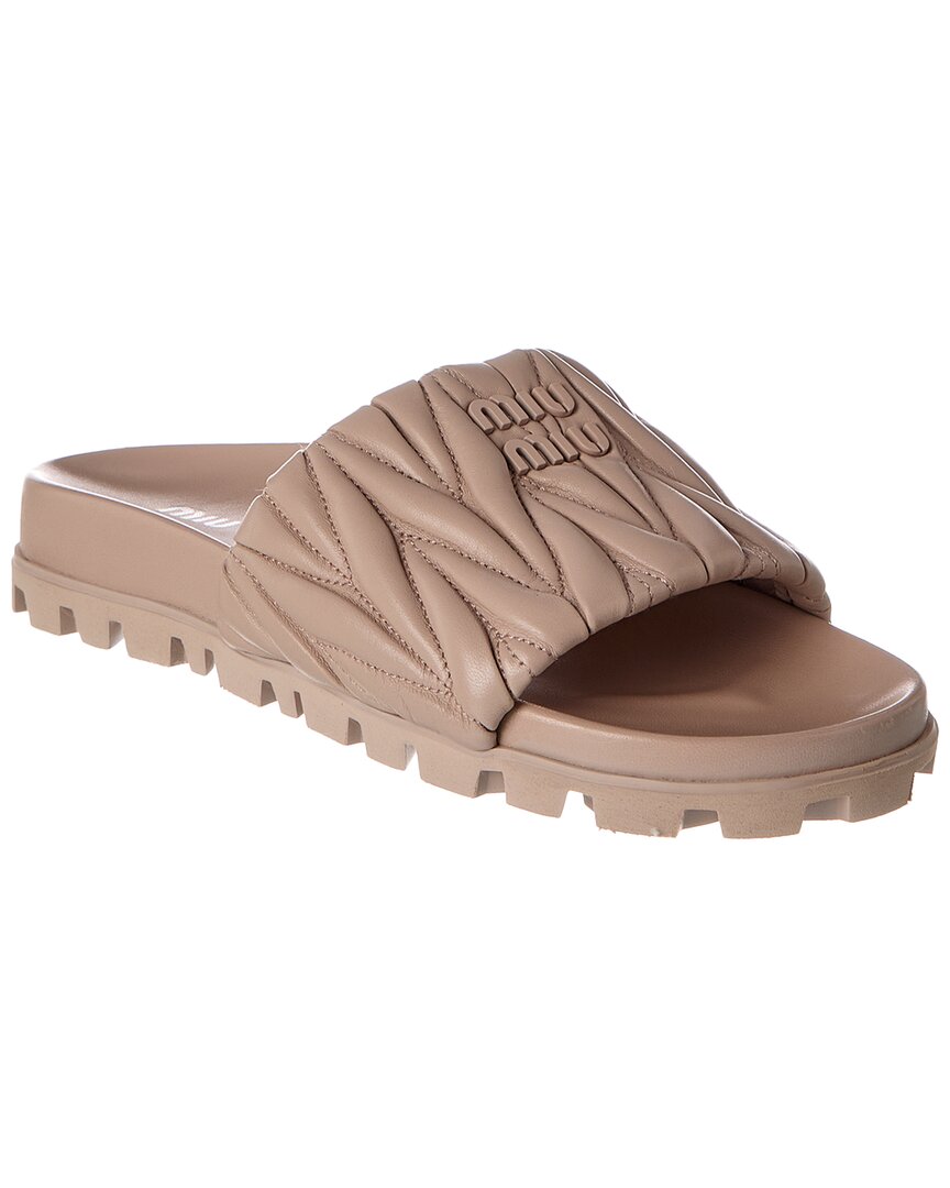 Miu Miu Matelasse Leather Slide In Brown