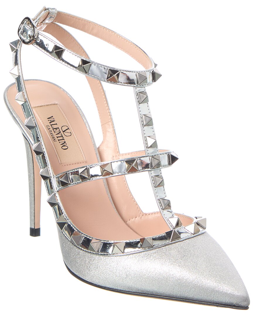 Valentino Rockstud Caged 100 Leather-trim Pump In Silver