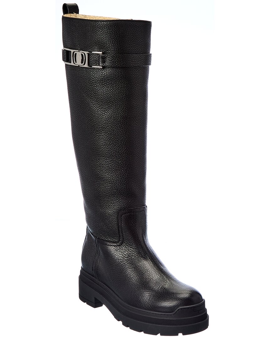 Shop Ferragamo Ryder F Leather Knee-high Boot In Black