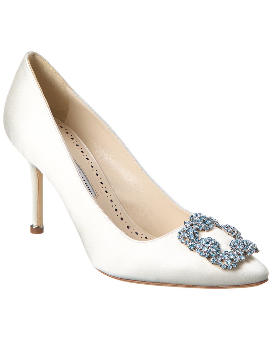 Manolo Blahnik Hangisi Bridal Crystal Buckle Pump In White