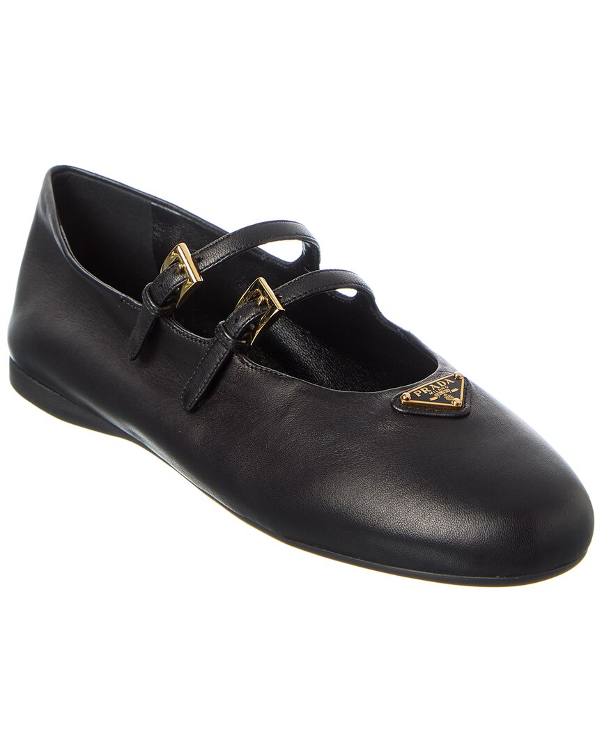 Prada Leather Ballerina Shoes In Black