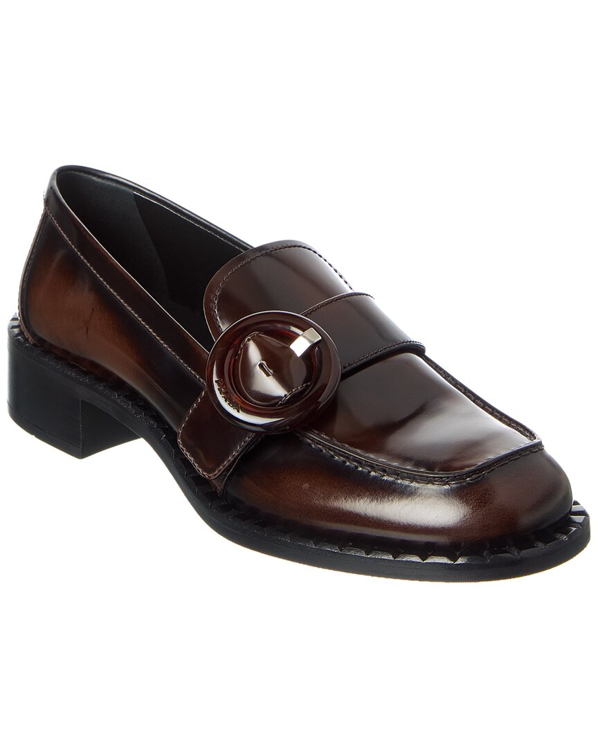 Prada Polished Brown Flat Shoes With Decorative Buckle In Burgundy