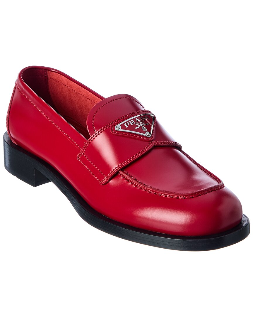 Prada Logo Leather Loafer In Red Modesens