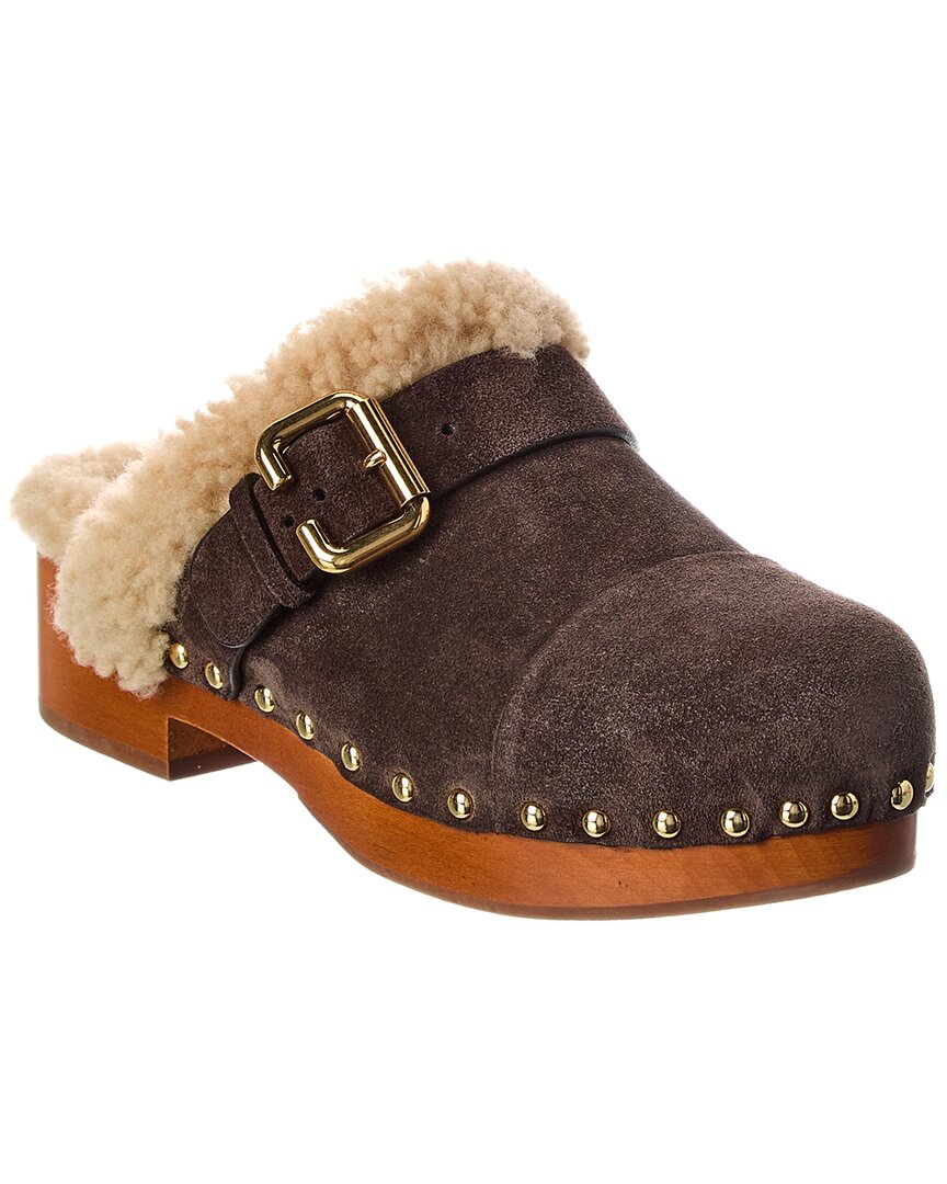 Chloé Jeannette Suede & Shearling Clog In Brown