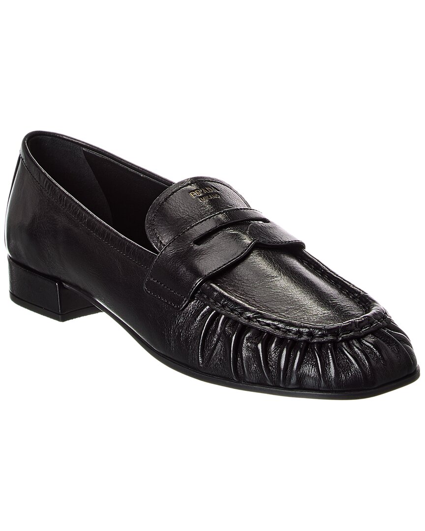Prada Rounded Toe Loafers With Textured Detailing And Low Block Heel In Black