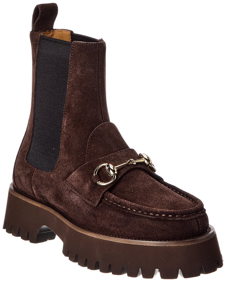 Gucci Horsebit Suede Bootie In Brown