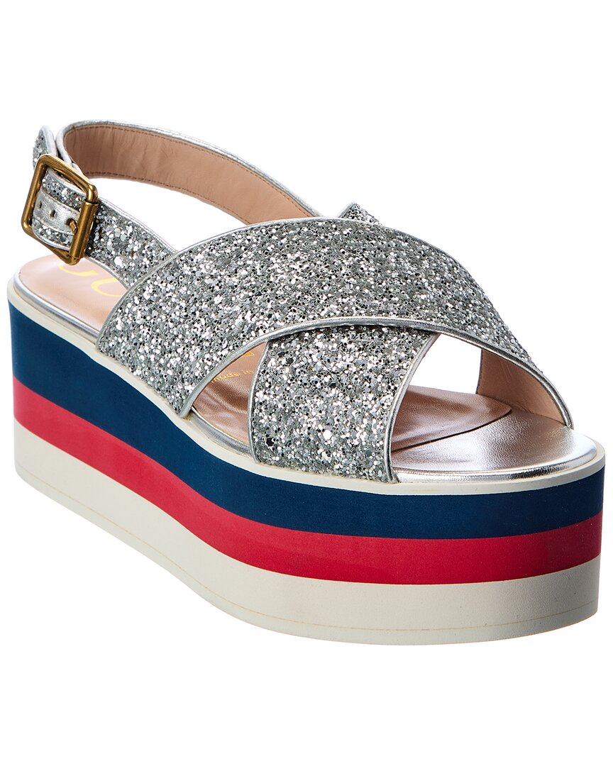 Gucci Crossover Glitter & Leather Platform Sandal In Silver | ModeSens