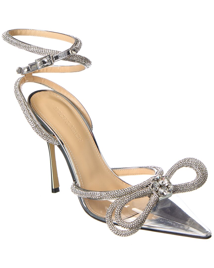 Mach&mach Double Bow Crystal-embellished Pvc Heeled Sandals In Silver