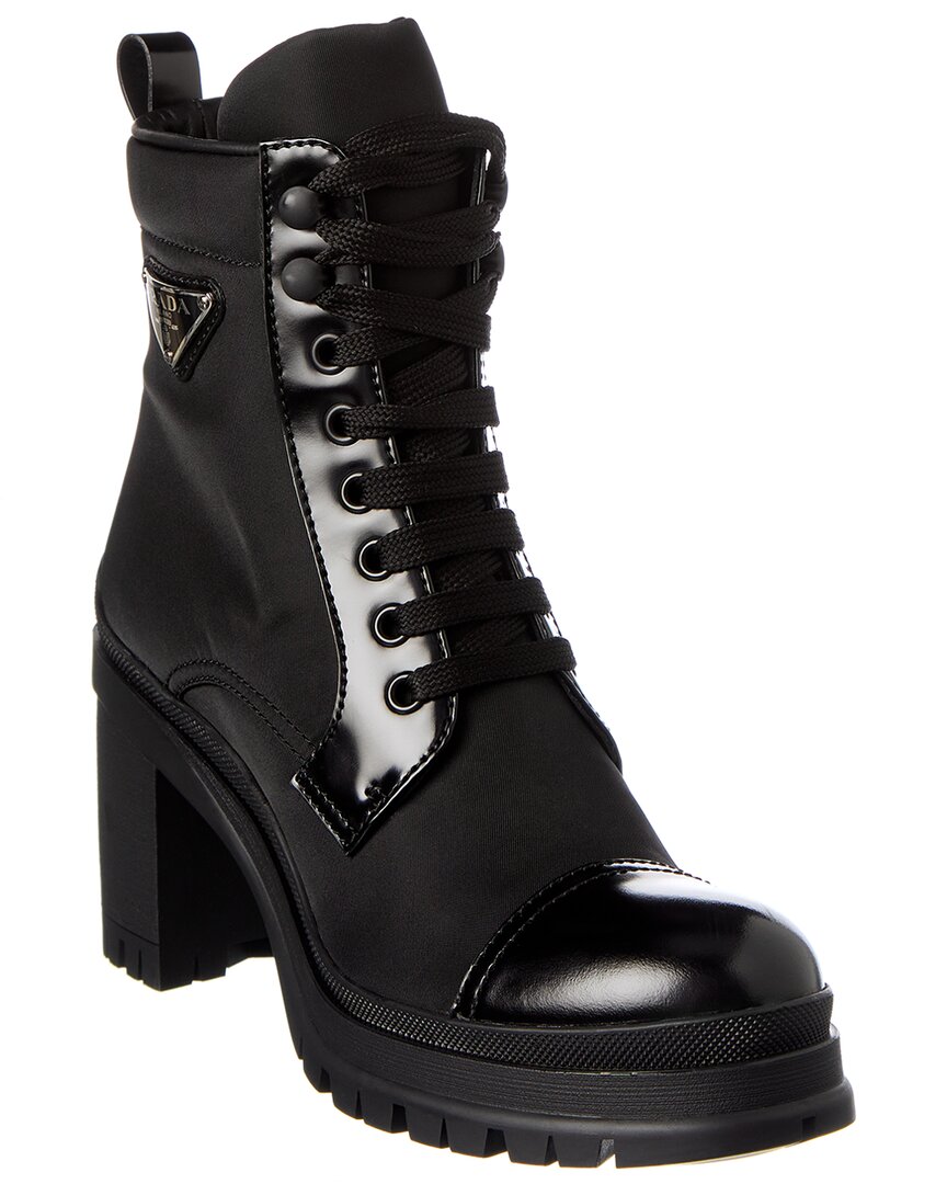 Prada Brushed Leather And Nylon Laced Booties In Black | ModeSens