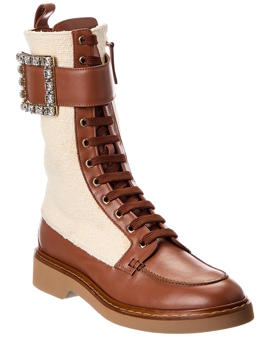 Roger Vivier Ranger Canvas & Leather Boot In Brown