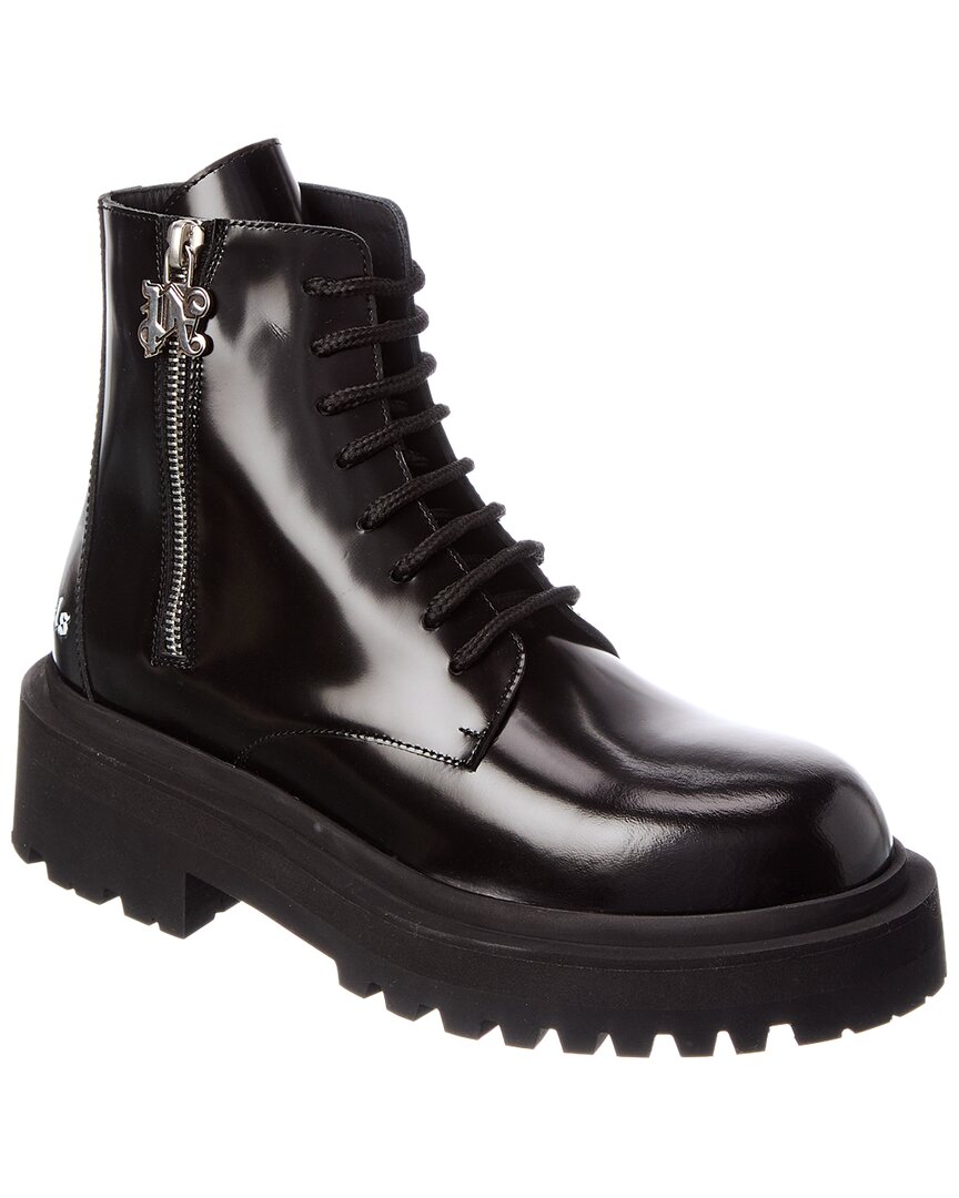 Palm Angels Ankle Leather Combat Boot In Black