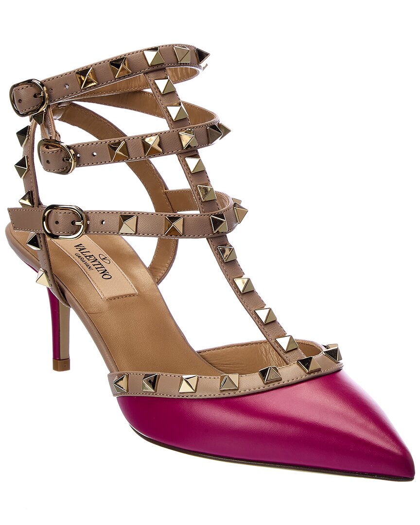 Shop Valentino Rockstud Caged 65 Leather Ankle Strap Pump In Pink