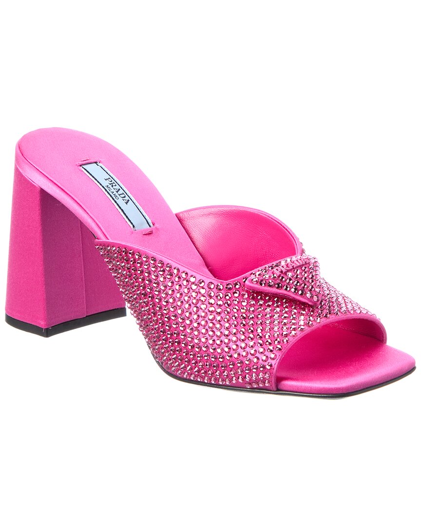 Prada Logo Crystals Satin Sandal In Pink