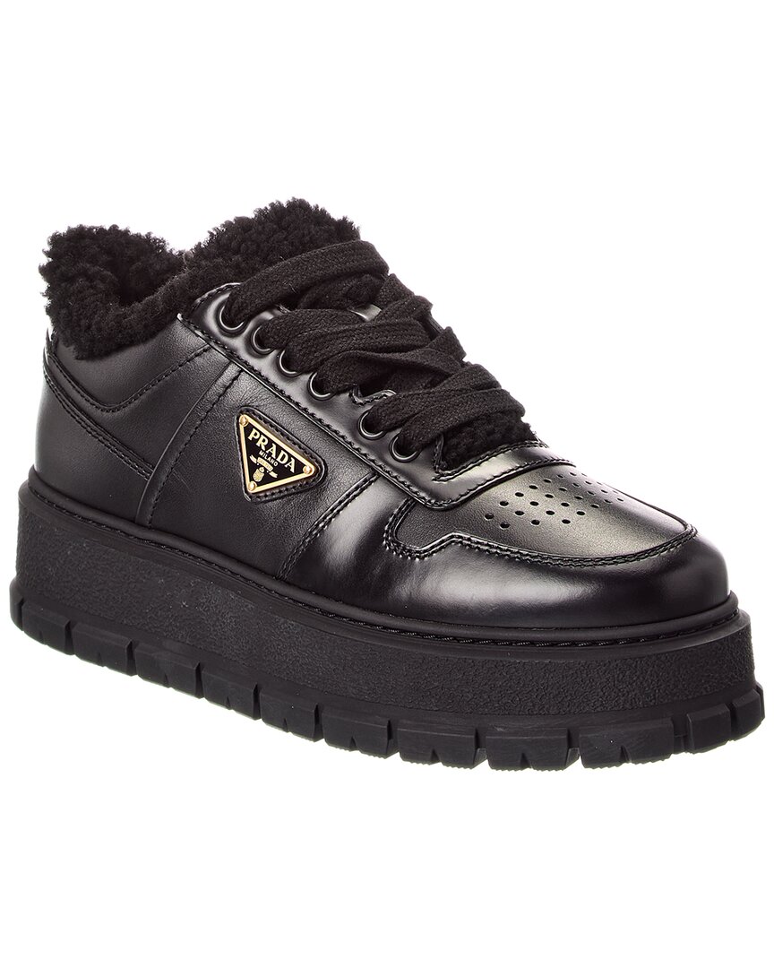 Prada Logo Leather & Shearling Platform Sneaker In Black