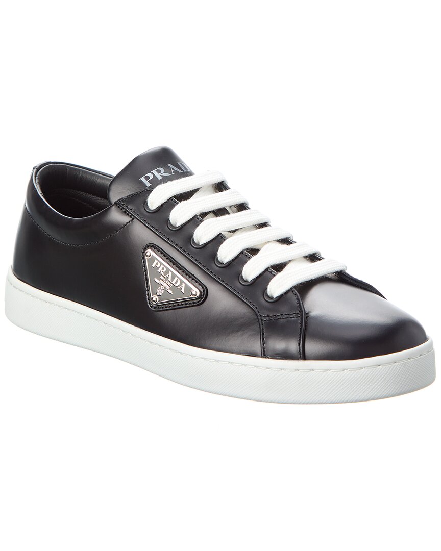 Prada Downtown Leather Tonal Sneakers With Metal Logo In Black