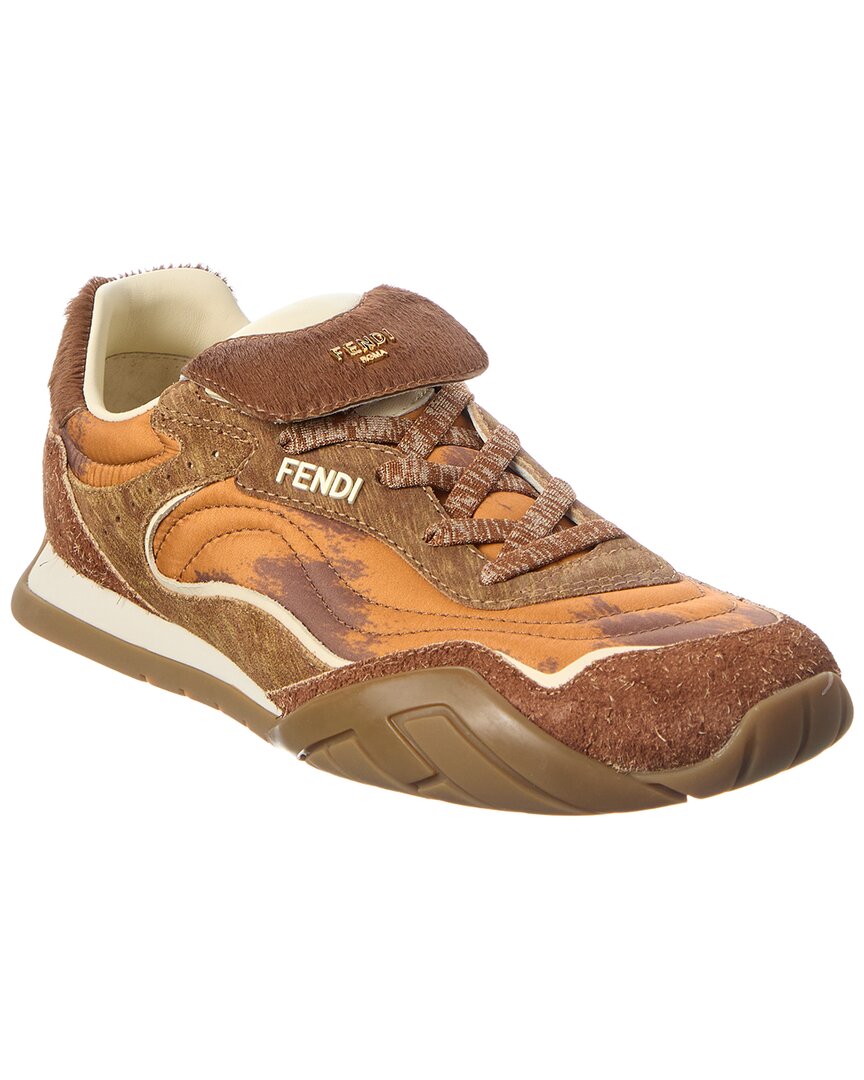 Fendi Gold/Brown Wave Pulse Tech Fabric & Suede Sneaker