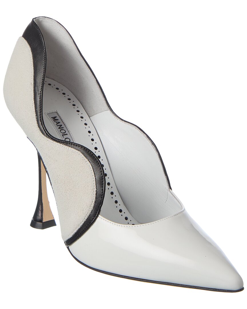 Shop Manolo Blahnik Hamaki 105 Leather & Suede Pump In White