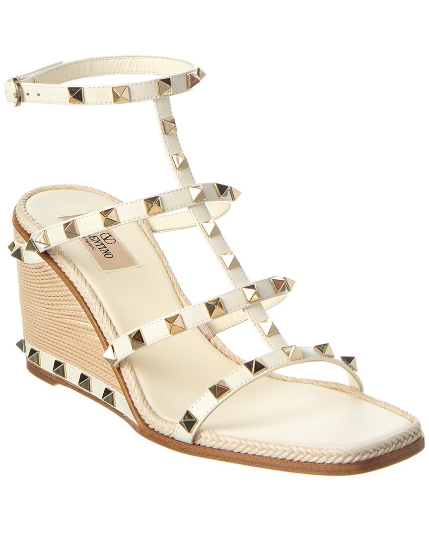 Valentino Garavani Valentino Rockstud Caged 90 Leather Ankle Strap Wedge Sandal In White