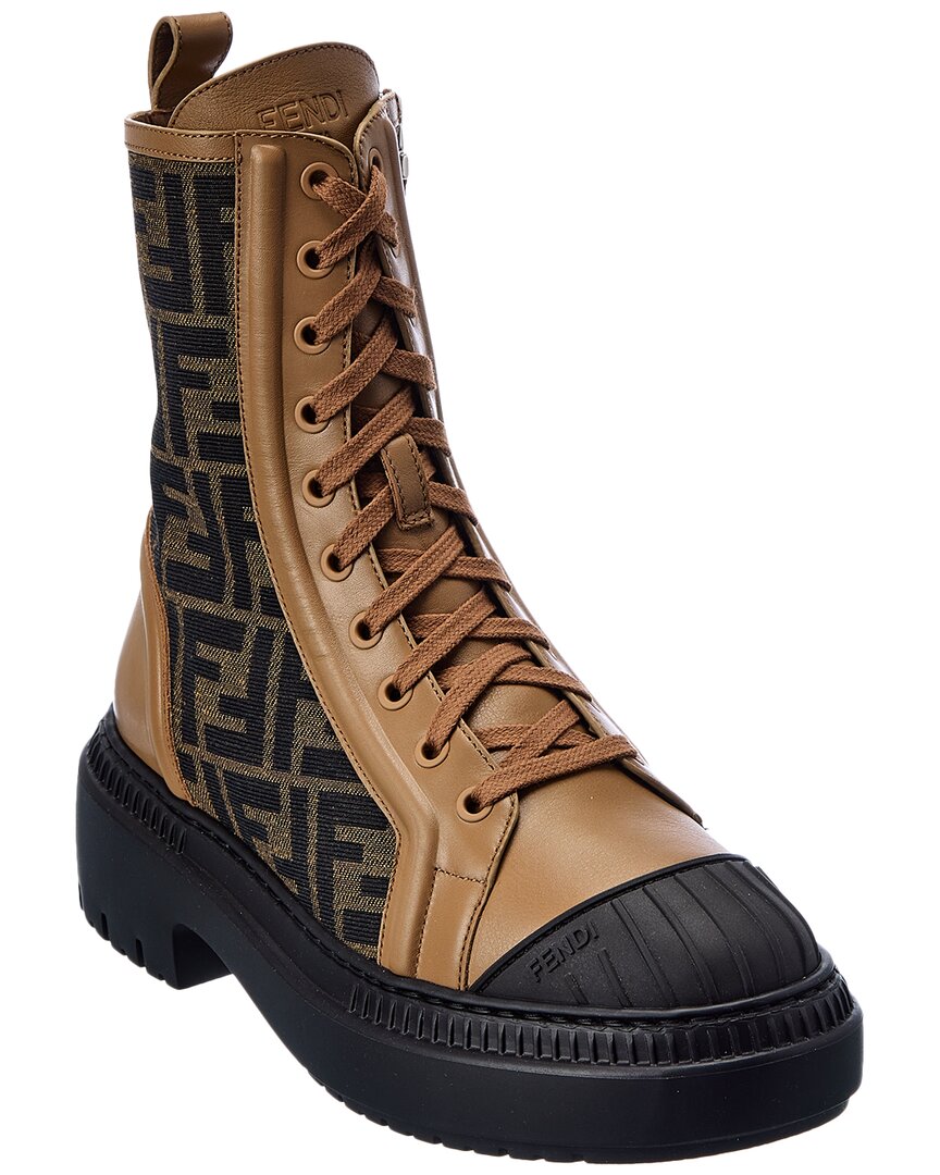 Fendi Brown Domino Ff Canvas Biker Boots In Brown
