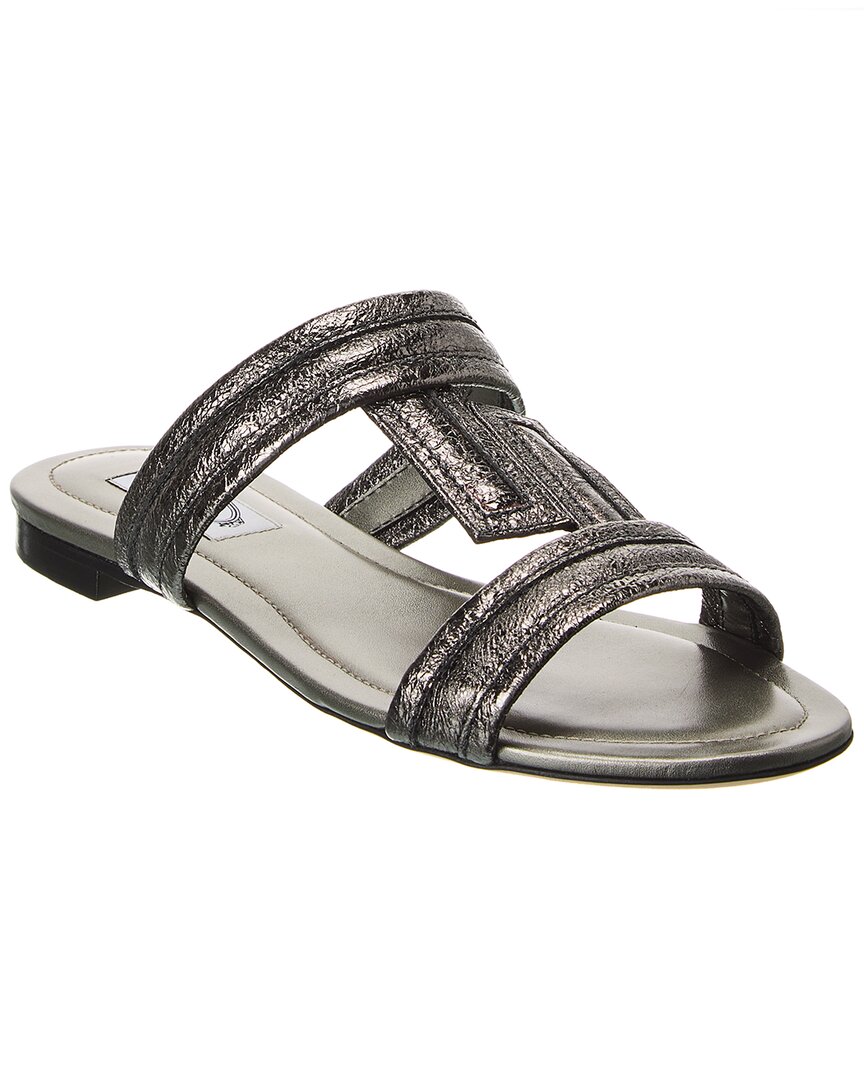 Shop Tod's Double T Strap Leather Sandal In Silver