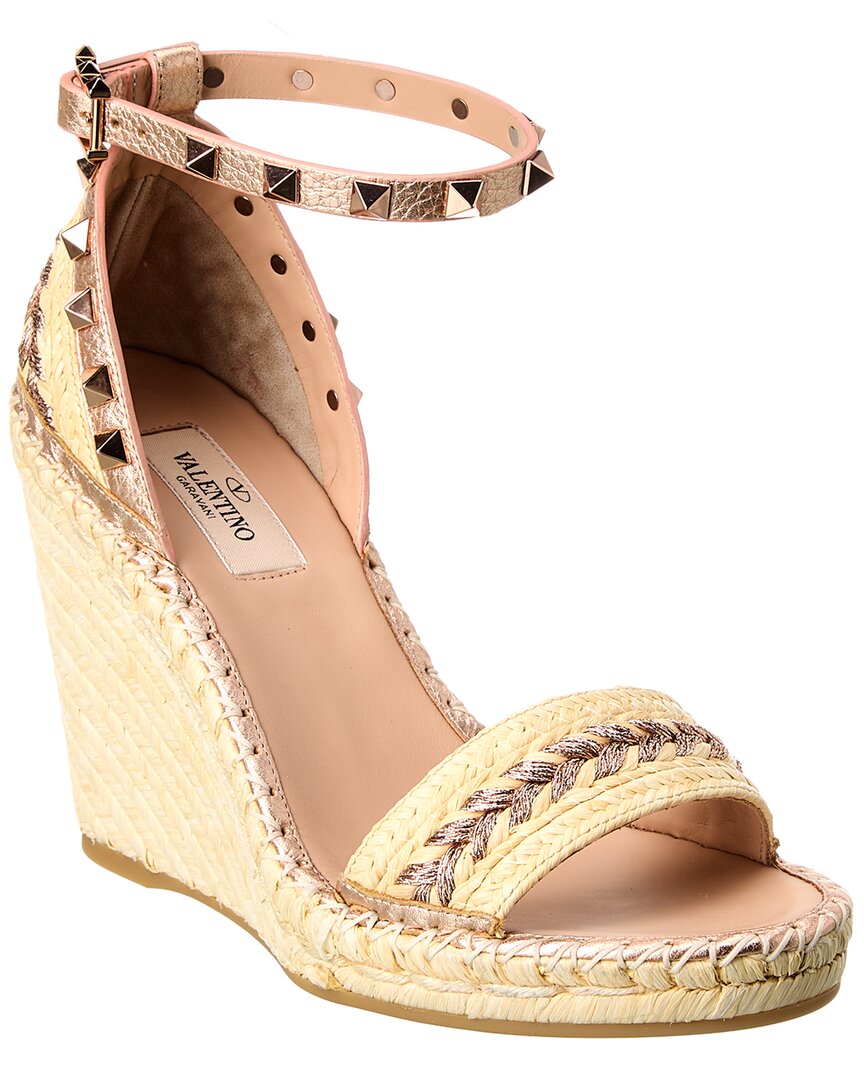 Valentino Garavani Rockstud 105 Straw & Leather Wedge Sandal In Pink ...