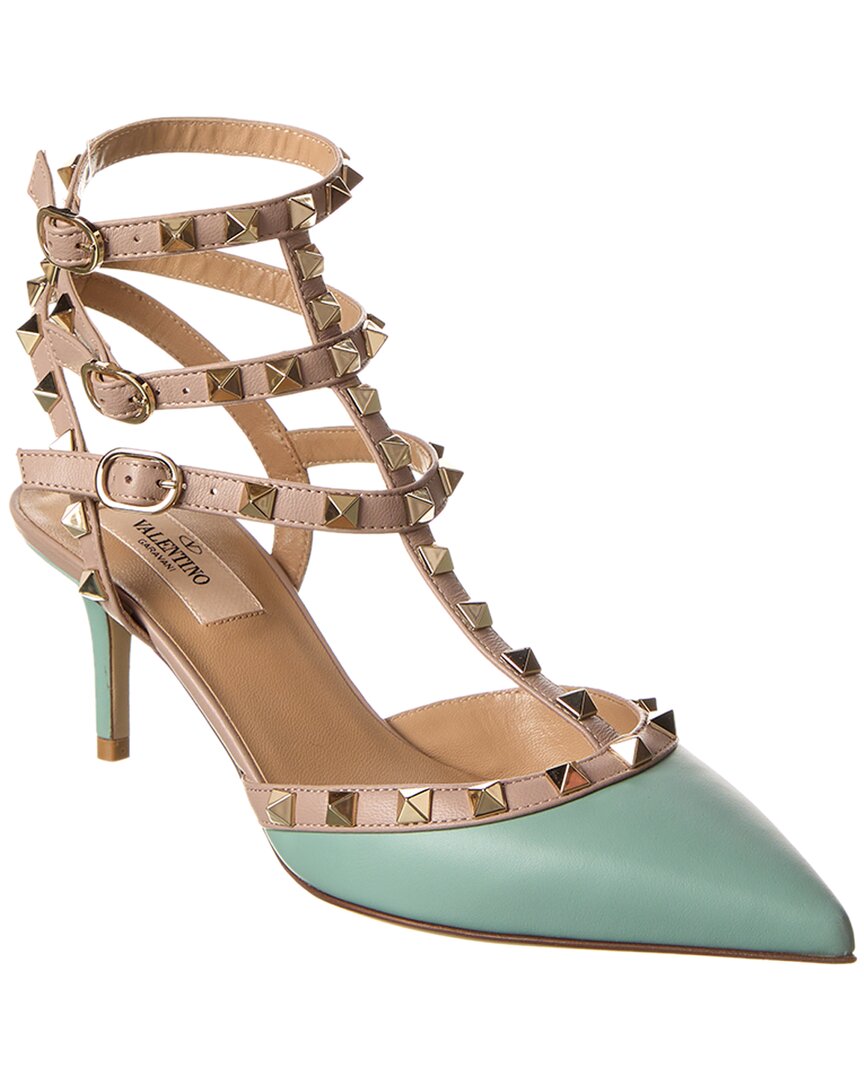 Shop Valentino Rockstud Caged 65 Leather Ankle Strap Pump In Blue
