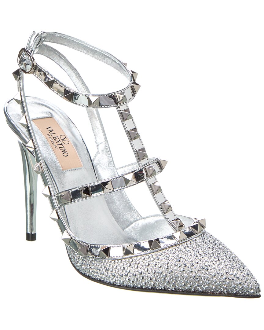 Shop Valentino Rockstud Caged 100 Leather Sandals In Silver