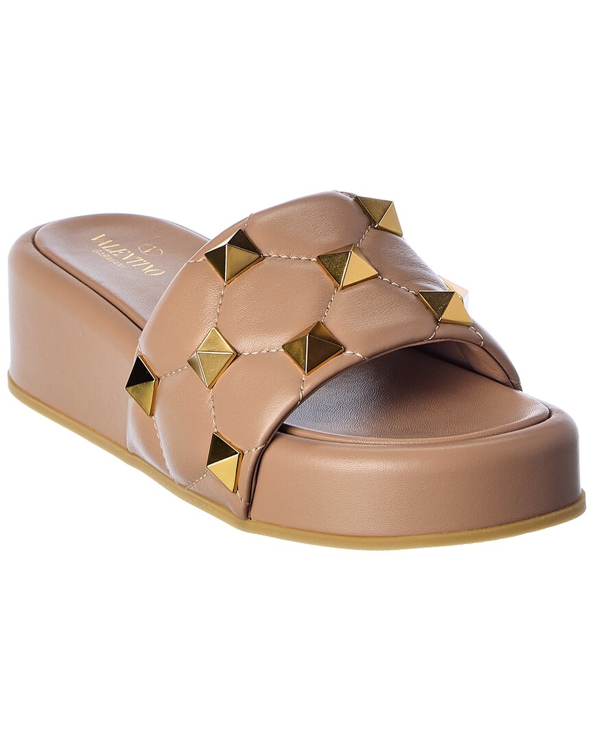 Valentino Garavani Valentino Roman Stud Leather Flatform Slide In Brown