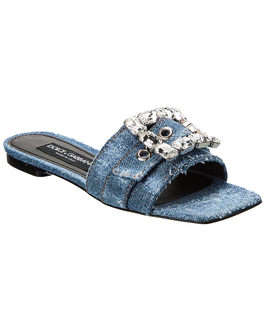 Shop Dolce & Gabbana Rhinestone Buckle Denim Sandal In Blue