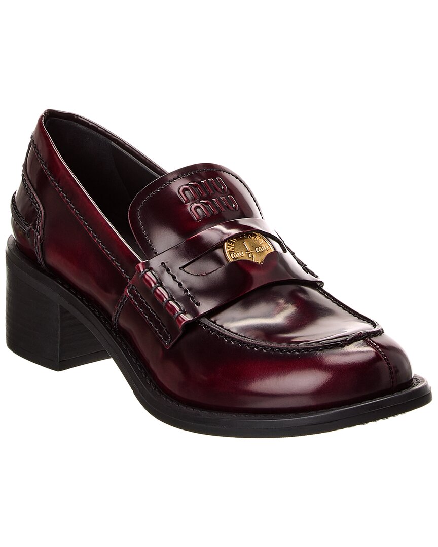 Miu Miu Leather Heeled Penny Loafers In Red