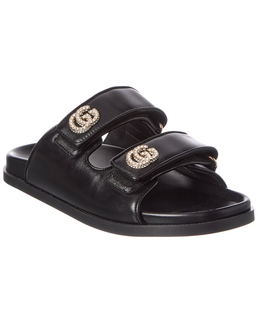Gucci Crystal Double G Leather Sandal In Black