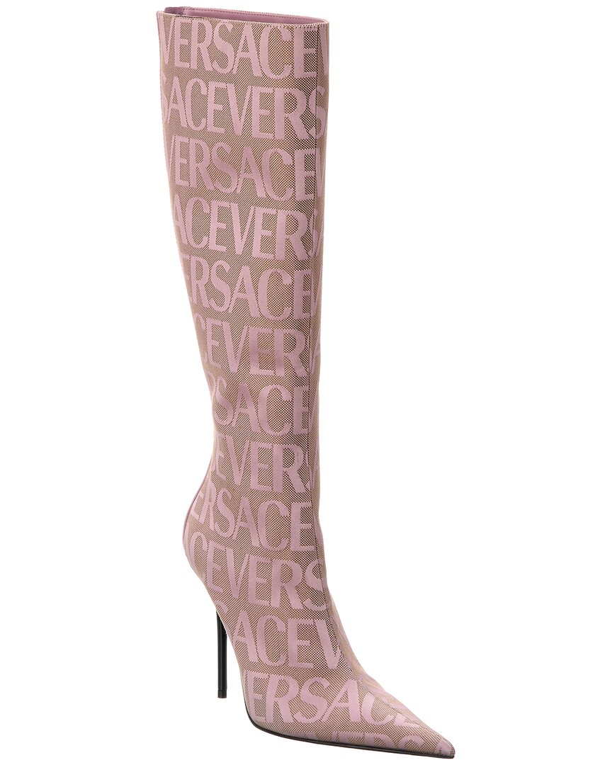Shop Versace Allover Canvas & Leather Knee-high Boot