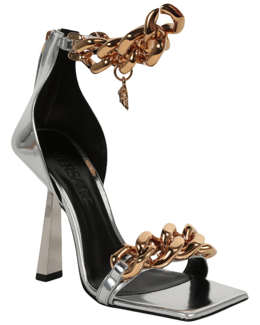 Shop Versace Medusa Chain High Leather Sandal In Silver