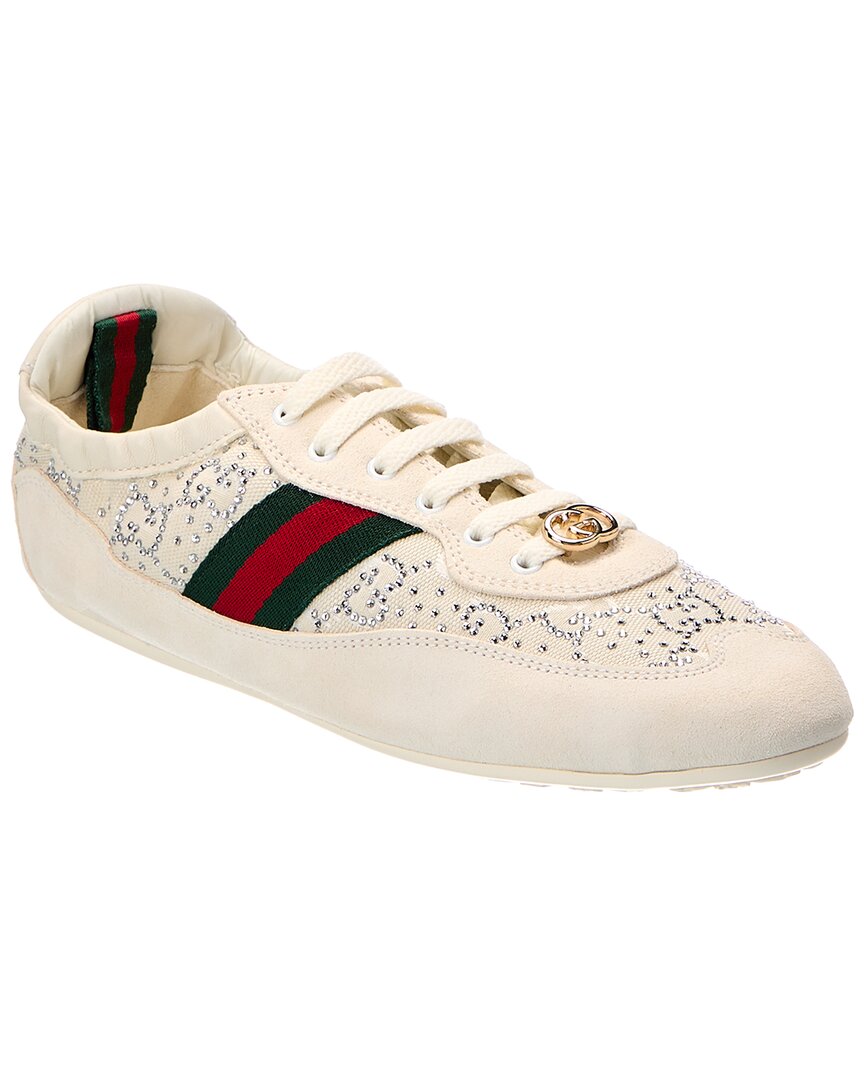 Gucci Gg Shift Crystal Suede & Canvas Sneaker In White