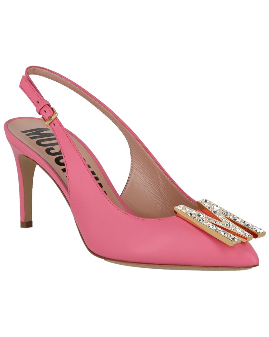 Shop Moschino Crystal-embellished Leather Pump In Pink