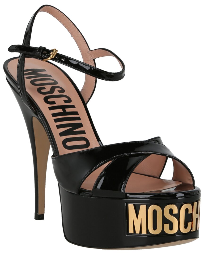 Shop Moschino Logo Plaque Leather Platform Sandal In Black