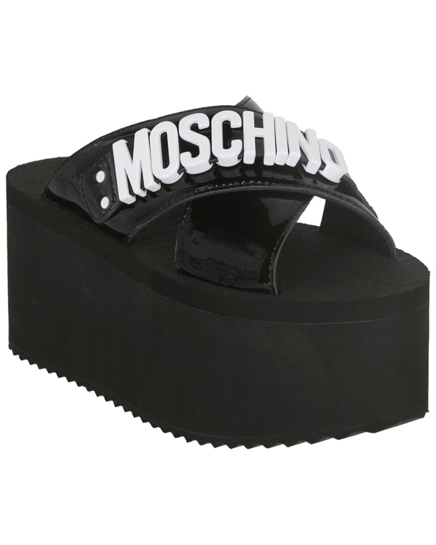 MOSCHINO MOSCHINO LOGO PLAQUE LEATHER WEDGE SANDAL