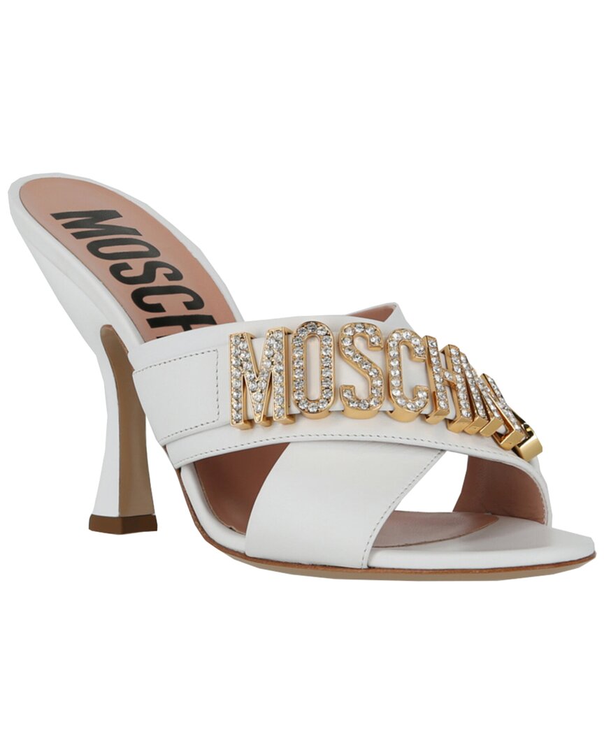 Moschino Crystal Logo Leather Mule In White