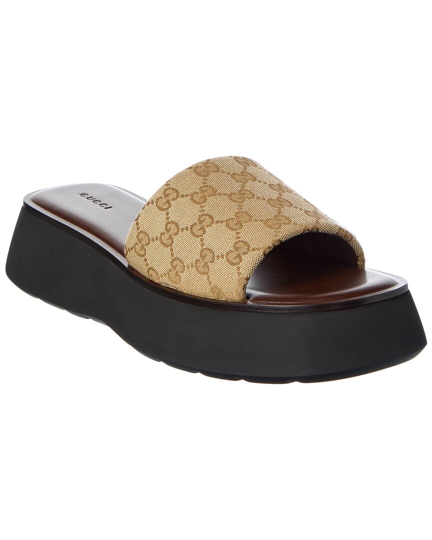 Gucci Platform Slide Sandal Canvas Upper Logo In Brown