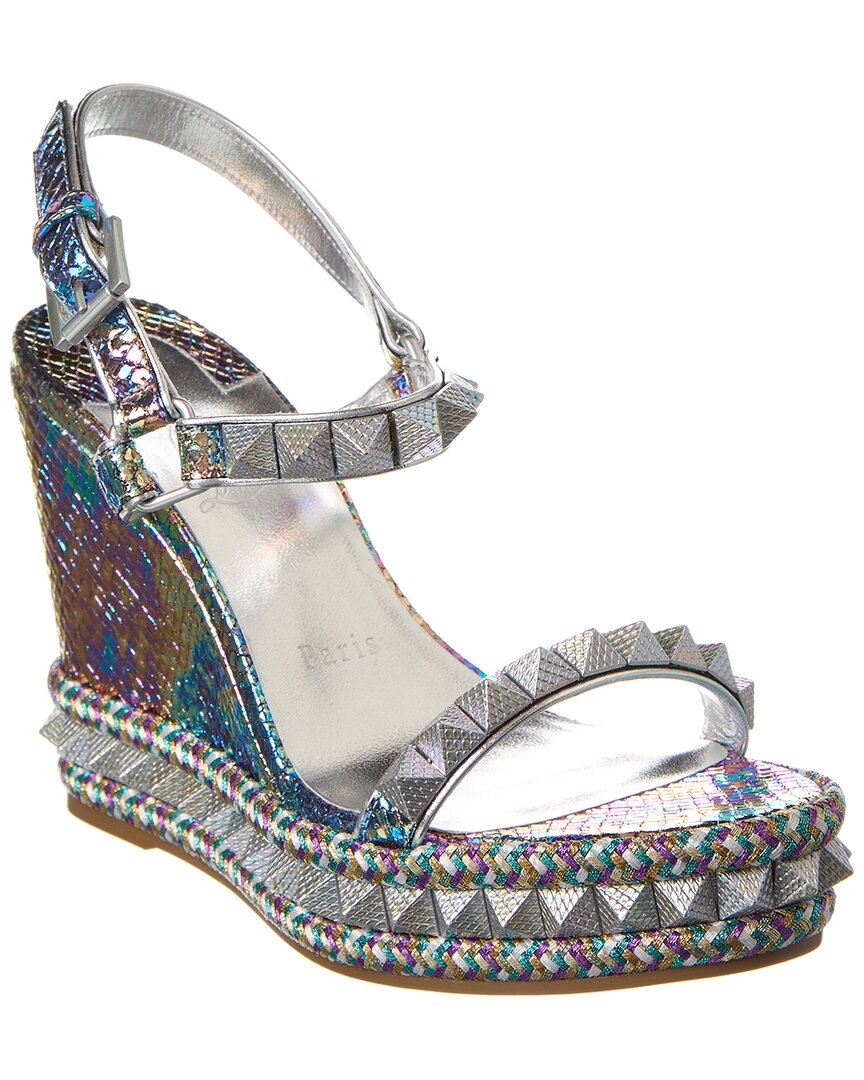 Shop Christian Louboutin Pyraclou 110 Snake-embossed Leather Wedge Sandal In Silver