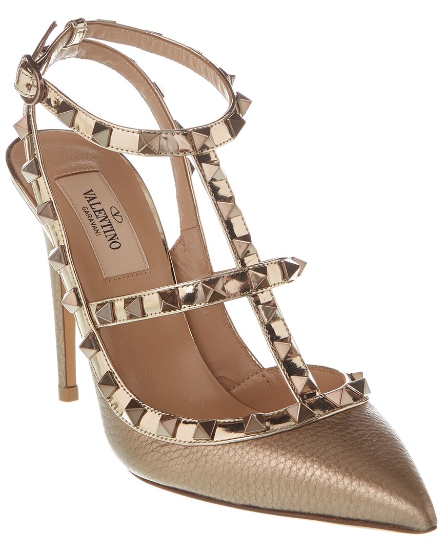 Shop Valentino Rockstud Caged 100 Grainy Leather Pump In Brown