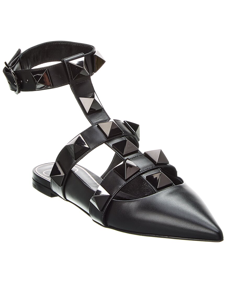 Shop Valentino Roman Stud Leather Ankle Strap Flat In Black
