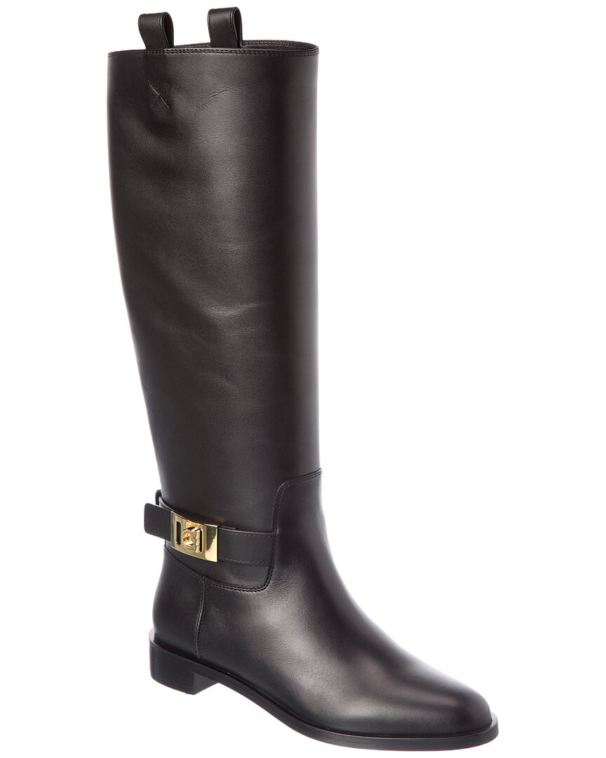 Ferragamo Knee High Boot With Hug Buckle Detail In Black