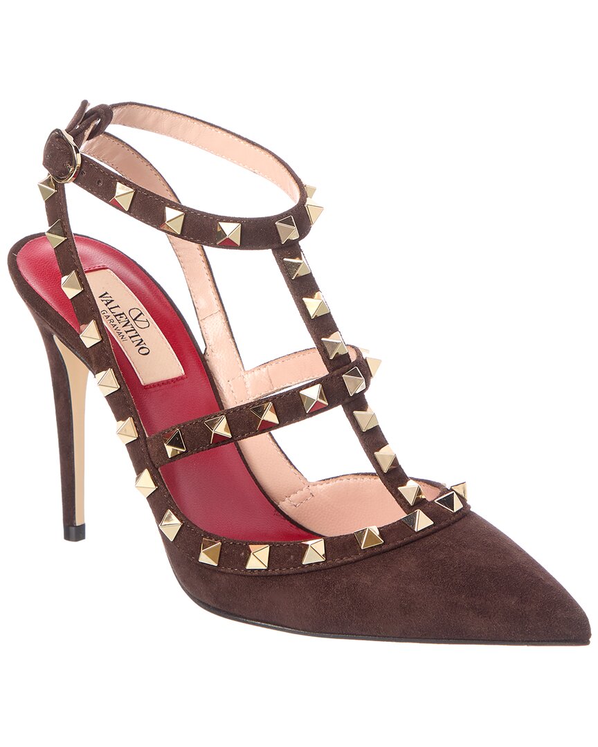 Valentino Brown Rockstud 100 Caged Suede Pump