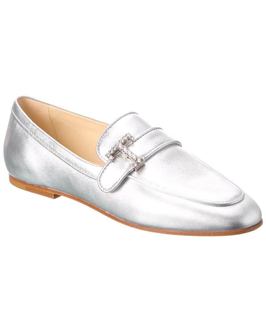 Shop Tod's Logo Leather Loafer In Silver