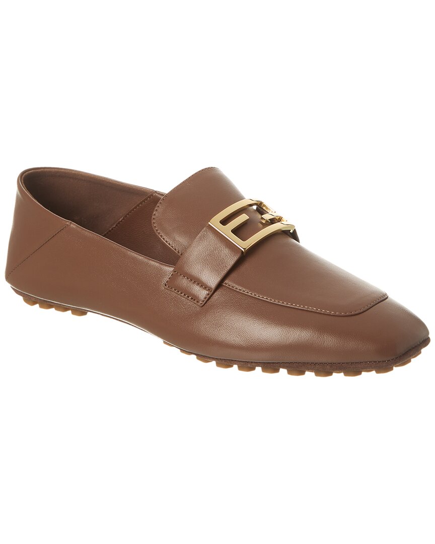 Shop Fendi Logo Leather Loafer In Brown