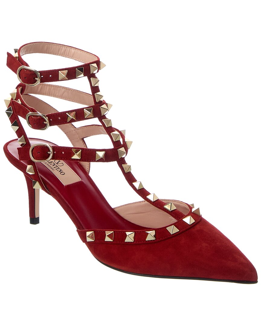 Valentino Red Rockstud Caged 65 Suede Ankle Strap Pump
