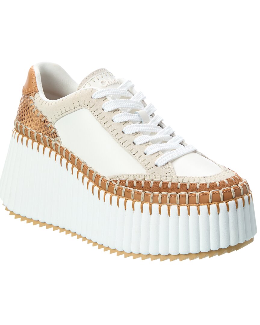 Chloé White/Brown Nama Leather Wedge Sneaker