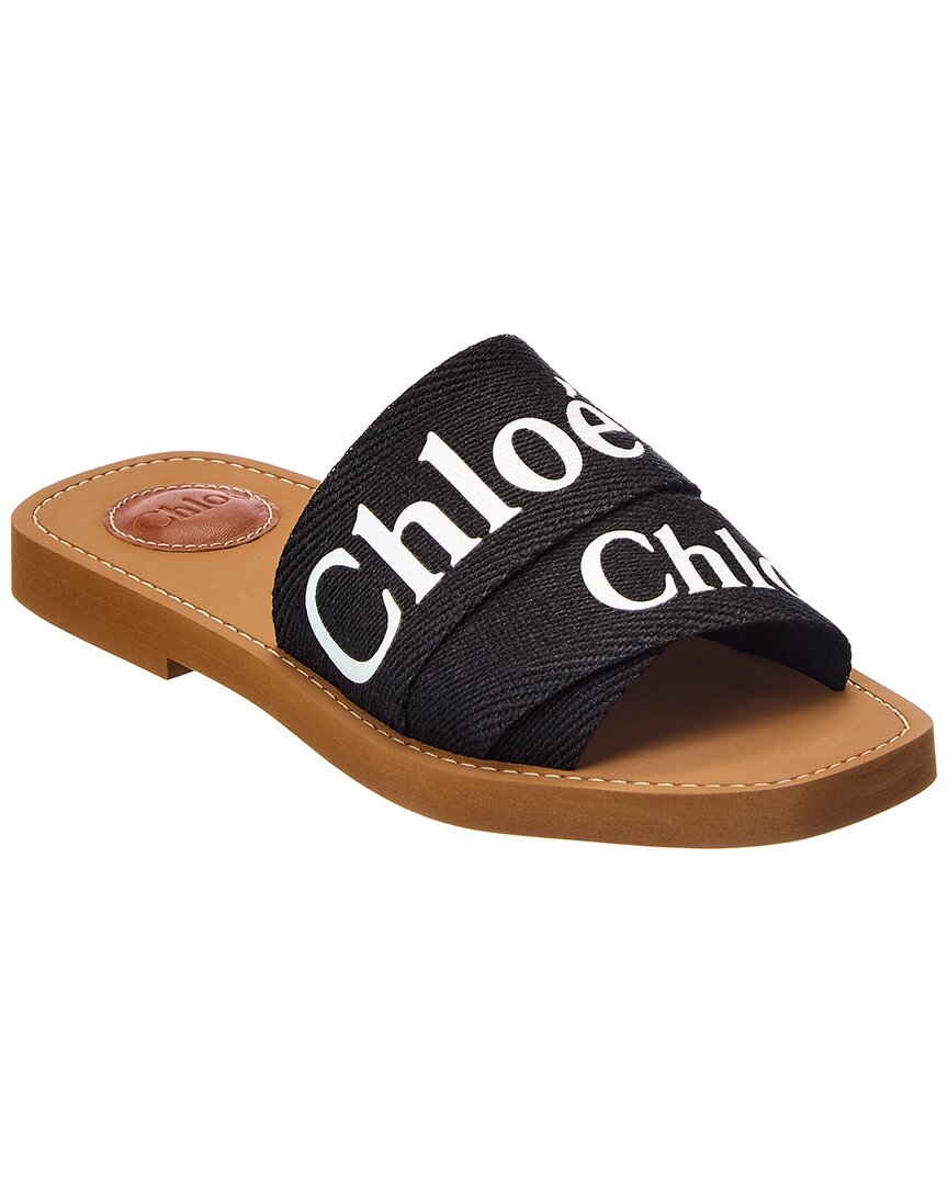 Chloé Black Woody Logo Linen Slides